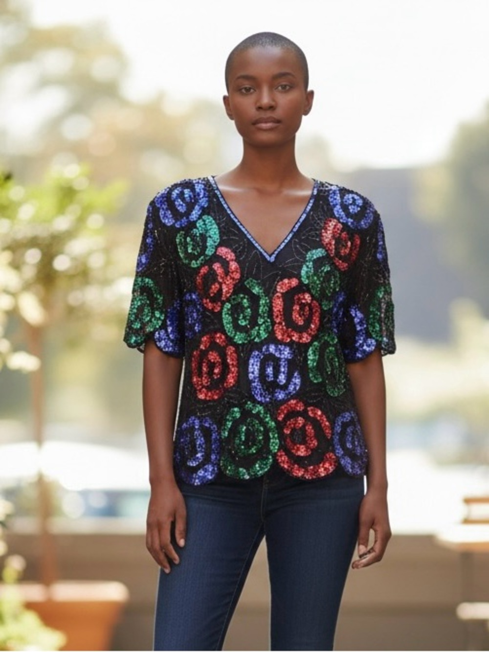 Stenay Vintage Sequined 80’s Top Floral Roses Bling Blouse